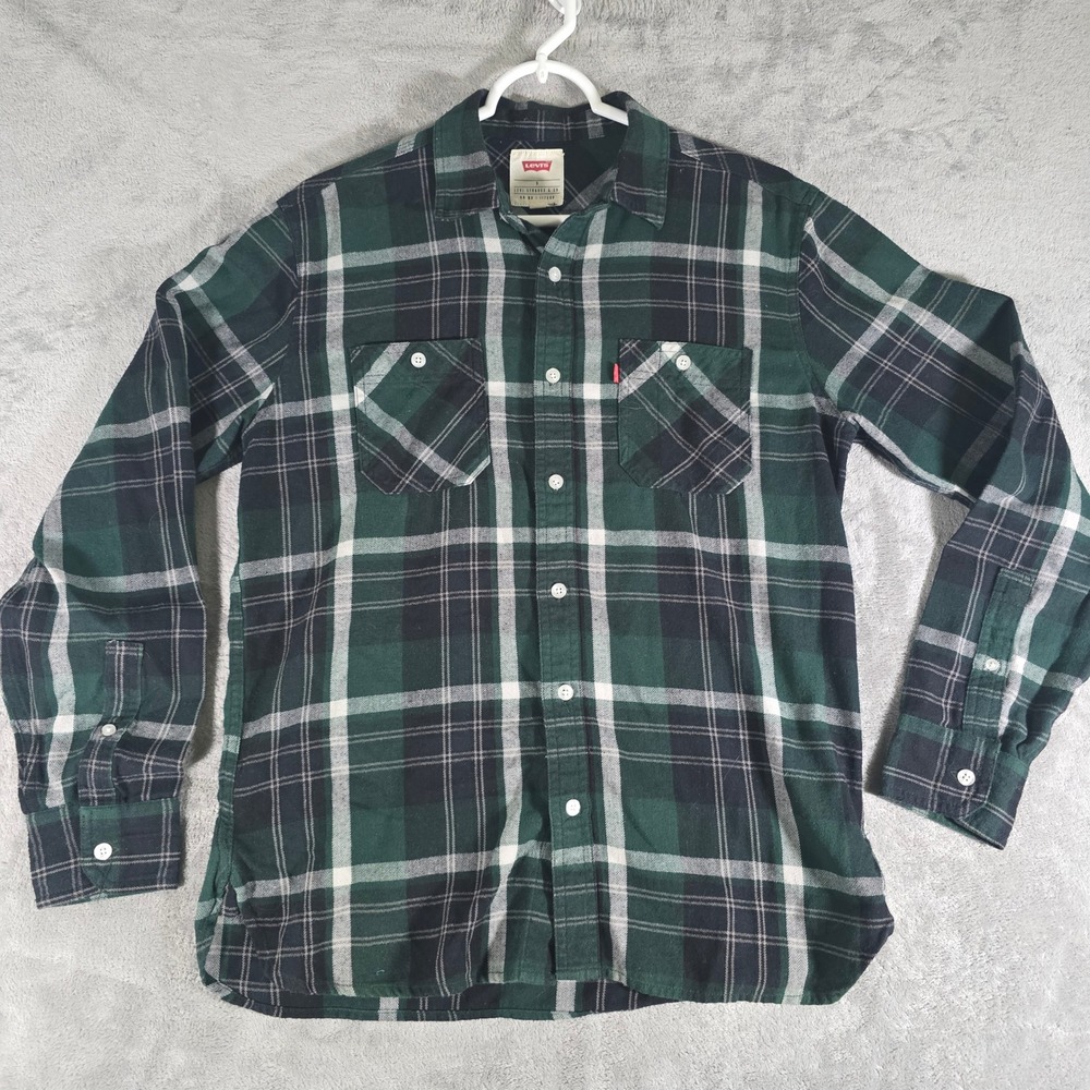Levi's Flannel Shirt Plaid Button Up Long Sleeve Green Black White Small‎